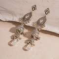 Detail of vintage silver Jhumka earrings with crystals and hanging metal tassels - Silver Wind Chime Tassel Drop / Steel Earring Post / Silver
