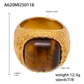 Macro view of wide stainless steel ring featuring tiger's eye stone and woven texture - US 6 / Natural Tiger Eye Gold Color (A620)