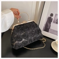 Elegant black evening clutch bag with 3D fabric roses and gold metal handle - Black