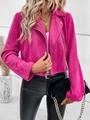 Close-up of rose red suede biker jacket featuring metal zipper and lapel collar details - S / Rose Red