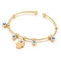 Gold plated stainless steel evil eye bangle with twisted rope texture and hamsa hand charm - White (KB169273-MW)