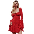 Elegant red lace mini dress featuring long flare sleeves and chic lace-up neckline - S / Red