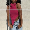Dettaglio del top in maglia senza schiena rosa fucsia con collo alto e jeans chiari - Taglia S / Rosso