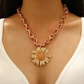 Golden daisy flower pendant with pink braided cord necklace for a bohemian beach style - Pink Rope Gold Daisy Pendant Necklace (8093)