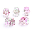 Set of five transparent crystal skull carvings with pink and green spotted inclusions - No.23 (Pink Green Spotted Transparent)