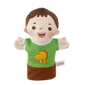 Plush boy hand puppet with short brown hair wearing a green shirt with a yellow dinosaur - 25cm Half-body Son