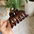 Detail showing a large amber hair claw clip held in hand with a blurry background - Matte Red Brown