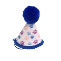 Glittery white pet birthday hat with blue paw prints and fuzzy blue pom-pom top - Individual New Hat Dark Blue