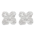 Silver four-petal flower stud earrings with textured metallic finish and pearl centers - White K Four-Petal Flower (3690)