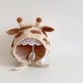 Baby giraffe knit hat in beige with ear flaps and secure chin ties for winter warmth - Khaki Sika Deer - Lined