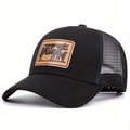 Classic black trucker hat featuring a leather patch with a farm animal cow design - Adjustable / Black