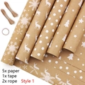 Vintage kraft Christmas wrapping paper set with 5 rolls of white snowflake and elk patterns - Set 3; 44 X 100 Cm