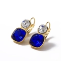 Luxurious gold-plated drop earrings with sapphire blue square and clear round crystals - White + Dark Blue