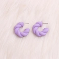 Chic twisted purple acrylic C-shape hoop earrings on a soft pink faux fur background - Purple Twisted