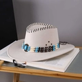 Off-white western cowboy hat with bohemian beaded band and turquoise stone detail - Adult (55-60cm) / White