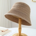 Women's hollow knit bucket hat in beige featuring a vintage crochet design for summer sun - M(56-58cm) / Hollow Knit Style (5639) / Light Coffee