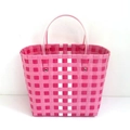 Pink woven plastic beach bag with checkered pattern and transparent handles - Color 3 (Pink White Plaid)
