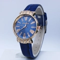 Elegant ladies quartz watch with blue sunray dial and rose gold rhinestone-set case - Blue