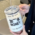 1000ml large capacity glass tumbler with money print, straw and time markers - 1000ml / Salary Increase Transparent Mug Stainless Steel Straw Brush Set
