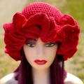 Handcrafted red ruffled knit beanie hat with oversized wave brim for stylish women - Adult 56-59cm / Red