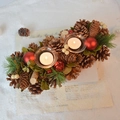 Vintage rose pinecone candle holder with red bells and pine needles for Christmas decor - Bell Pine Cone Double Cup 34*14*9cm