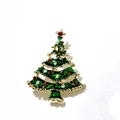 Broche de árbol de Navidad en esmalte verde con base de metal dorado y pedrería roja - Árbol de Navidad verde