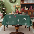Waterproof polyester Christmas tablecloth featuring white reindeer and snowflake motifs on green - Printed Green Base Christmas (Non-waterproof)