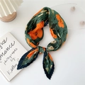 Pleated square scarf with dark green and orange floral pattern tied in a stylish knot - 70cm / Green Background Red Floral