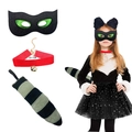 Halloween cat ear headband and tutu costume set with plush tail and bell collar - Black Green Mask Big Tail 3-Piece Set