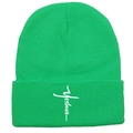 Neongrüne Strickmütze mit weißer Yeshua-Stickerei und dezentem Kreuzdesign - Fluoreszierendes Grün