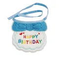 Close-up of plush blue and white pet birthday bib with colorful Happy Birthday embroidery - Lake Blue Birthday Bib