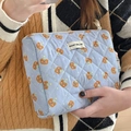 Blue quilted makeup bag with cute brown bear patterns and jolly house tag - Clutch Bag / Blueberry Bear