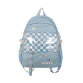 Mochila azul claro de estilo preppy con ventana transparente y patrón de tablero - Azul