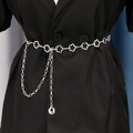 Close-up of silver metal chain belt with floral link design worn on a black blazer - Silver