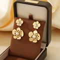 Luxury gold hollow petal earrings with white pearls in a premium velvet gift box - Double Layer Petal Flower Style (KE119654-SP)