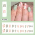 Short oval sage green and pink press-on nails with white daisy floral art patterns - Fresh Little Daisy Style (W1069) / Glue Type