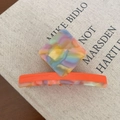 Square acetate shark hair claw with colorful marble patterns and bright orange base - Orange