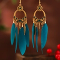 Boucles d'oreilles bohèmes dorées avec plumes bleu paon et glands au style vintage - Vert Paon (Clip)