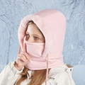 Rosa winddichte Wintermütze für Kinder mit Kunstfellbesatz und integrierter Maske - Rosa