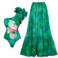 Maillot asymétrique imprimé papillon vert avec jupe longue à volants assortie - S / Ensemble de vacances deux pièces (maillot de bain + jupe)
