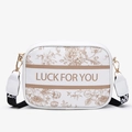 White crossbody bag with brown floral pattern and wide jacquard strap for women - Khaki
