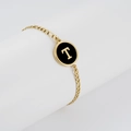 Gold stainless steel Figaro chain bracelet with black enamel round letter T pendant - Letter T / Gold/Black