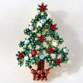 Broche de árbol de Navidad en laca verde con diamantes de imitación brillantes - Árbol vintage de esmalte verde y rojo con diamantes de imitación