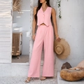 Women's chic two-piece set featuring a pink vest and wide-leg trousers in linen texture - S / Pink