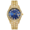 Macro detail of gold iced-out watch with blue Roman dial and crystal-studded bezel - Gold Blue