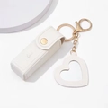 White lychee leather lipstick pouch keychain with heart mirror and gold lobster clasp - White
