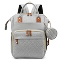 Mochila gris multifuncional para mamá con bolsillo acolchado de rombos y toques dorados - Gris claro
