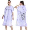 Quick-dry light purple tie-dye hooded beach poncho with sun moon print and front zipper - One Size / Button Style - Smudged Purple