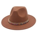 Brown wool felt fedora hat featuring colorful bohemian handmade beads and rhinestones decoration - M(56-58cm) / Khaki