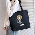 Large black canvas tote bag featuring a cute girl and cat cartoon illustration - Black Milk Tea Girl